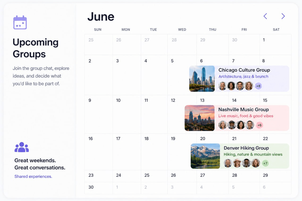 Calendar of upcoming weekend trips with members joining each