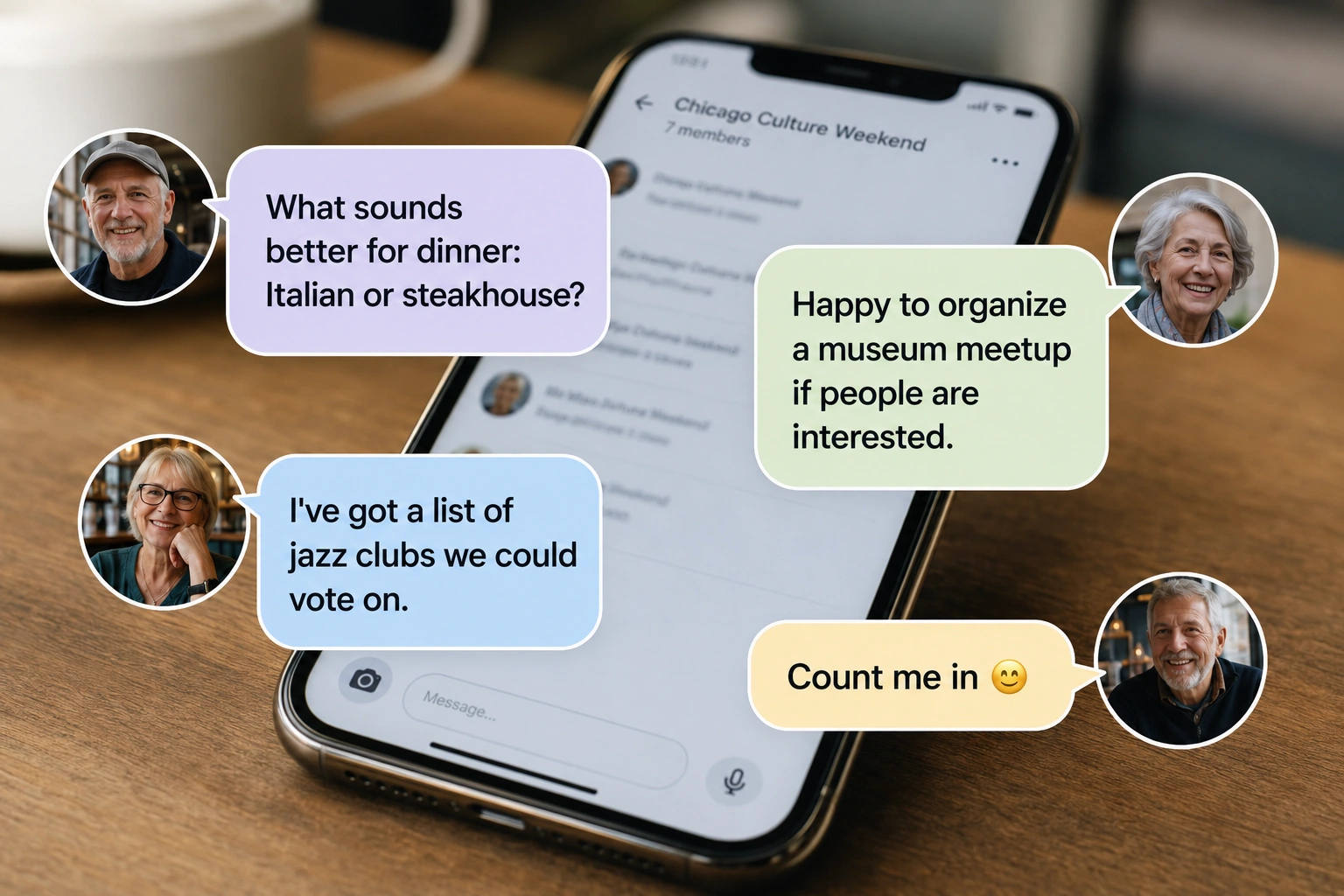 Group members discuss dinner, a museum meetup and jazz clubs in a group chat before their trip