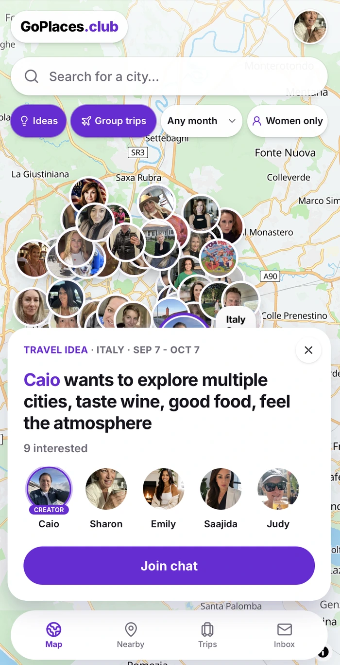 GoPlaces on a phone: Caio’s Italy travel idea, interested members, and the Join chat button