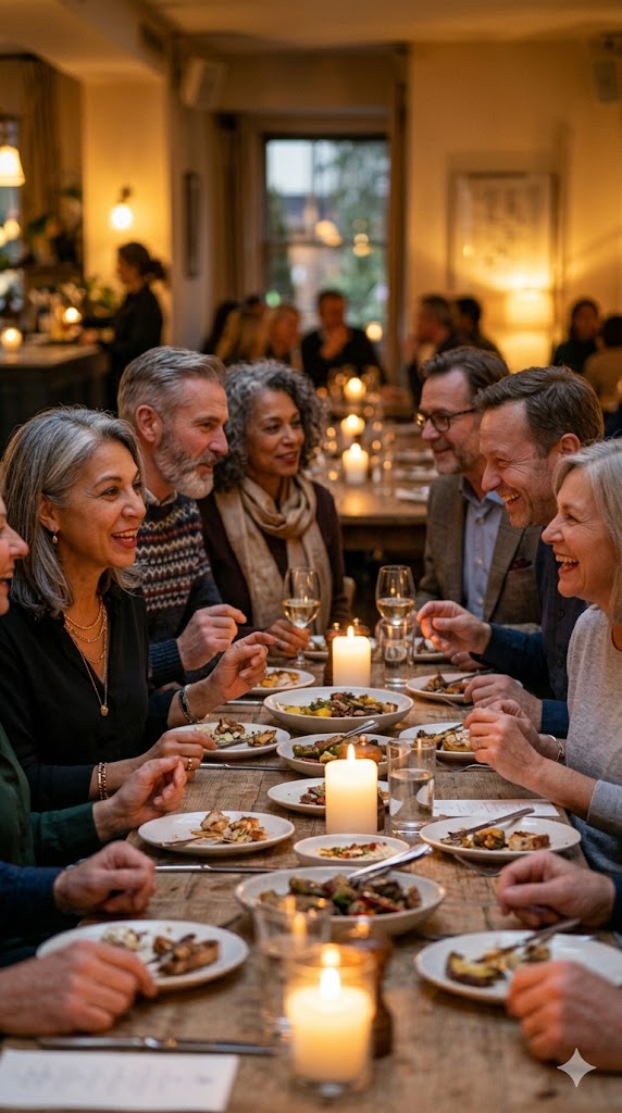 Friends laughing over dinner at a candlelit restaurant table